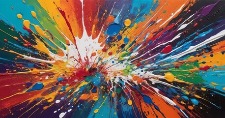 A white canvas becomes the stage for an explosive spectrum of colors, their impact creating a starburst effect. This artwork captures a single, lively moment where paint and imagination collide. AI