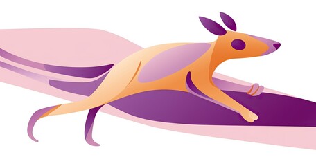 A cartoon purple kangaroo running with black eyes, in the style of expressive abstract forms, soft and rounded forms, light orange and pink, editorial illustrations, booru, gigantic scale, characteriz