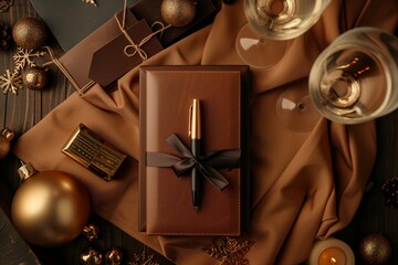 Festive gift-wrapping, chocolate hue with a sleek bow, amidst holiday ornaments, evoking warmth and seasonal joy. Holiday present, wrapped in chestnut with graceful tie, surrounded by Christmas decor