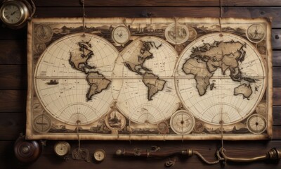 Fototapeta na wymiar This image showcases twin hemispherical old maps on a wooden surface, surrounded by classic navigational tools. It highlights the human quest to understand and chart the Earth. AI generation