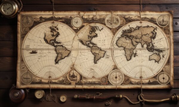 This image showcases twin hemispherical old maps on a wooden surface, surrounded by classic navigational tools. It highlights the human quest to understand and chart the Earth. AI generation