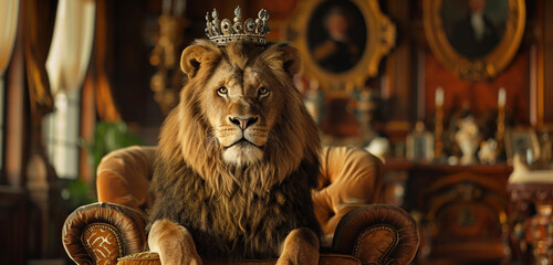 A lion perches on a sumptuous armchair in a scene of regal grandeur, its magnificent crown shining as it gazes confidently at the camera - obrazy, fototapety, plakaty
