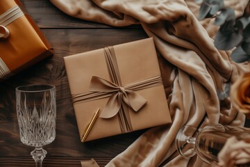 Obraz na płótnie Canvas Luxe package, taupe with a perfect knot, alongside vintage crystal, an air of timeless sophistication and elegance. Opulent gift, wrapped in sandstone shade with delicate bow, near classic glassware,