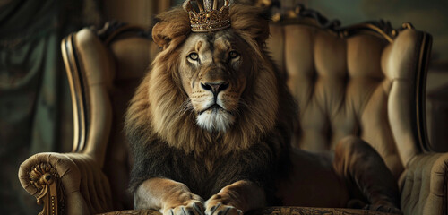 A lion perched on a luxurious armchair, wearing a grand crown, its eyes piercing through the lens...