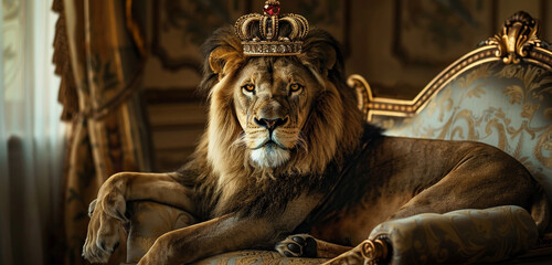 A lion sitting on an opulent armchair, magnificent in its crown, looks straight at the camera with...