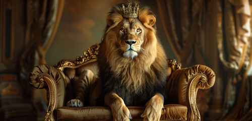 A lion perches on an opulent couch in a display of regal magnificence. Its crown adds to its regal aura as it fixes its steady gaze on the observer - obrazy, fototapety, plakaty
