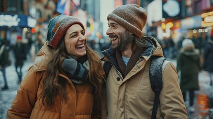 Obraz premium Couple's winter delight: joy and love in a bustling city, ideal for use in romantic, wedding, and commercial background imagery