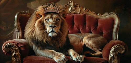 A lion, adorned in a resplendent crown, reclines on a luxurious armchair, exuding power and...