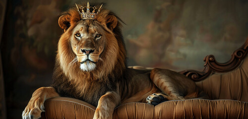 A lion sitting regally on an armchair, adorned with a majestic crown