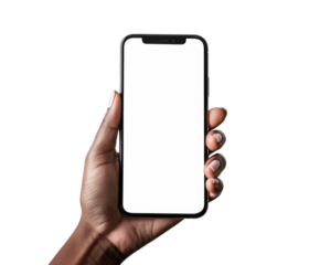 Hand holding a phone for mockup on transparent background