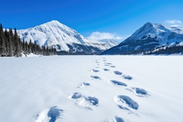 Fototapeta na wymiar Alpine Journey: Tracking Through Snow to Serene Waters