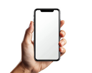 Hand holding a phone for mockup on transparent background