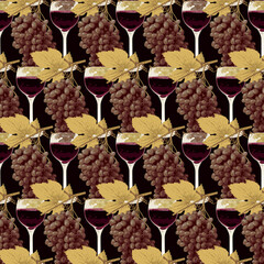 Seamless pattern with realistic bunches of grapes and glasses of red wine on a black yellow. Suitable for wallpaper, wrapping paper or fabric design. Vector background on a wine theme in retro style