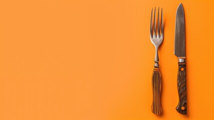 Vintage fork and knife on plain orange background, aligned to left side - Powered by Adobe