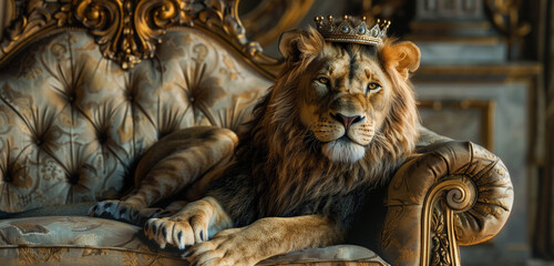 Amidst opulent surroundings, a lion relaxes on a sumptuous armchair, its crown adding to its regal aura as it confidently locks eyes with the camera - obrazy, fototapety, plakaty