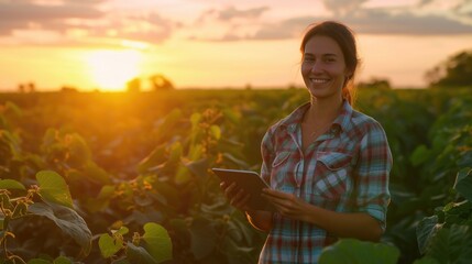 Soybean Serenity: Brazilian Woman Farmer's Blissful Moment - obrazy, fototapety, plakaty