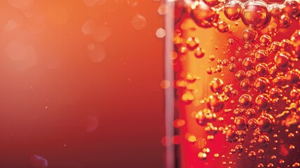 Close-up of effervescent bubbles in fizzy red drink with blurred background