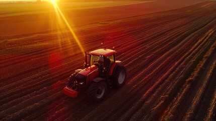 Dramatic Sunset Scene on Soybean Plantation with Tractor