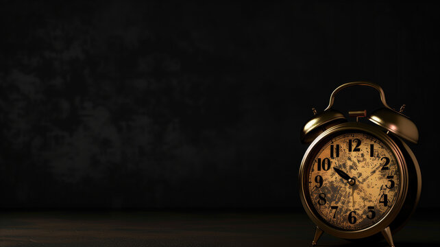 Old-fashioned alarm clock is shown against dark, textured background with soft light highlighting its face