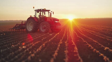 Rural Sunset: Red Tractor on Soybean Farm from Above - obrazy, fototapety, plakaty