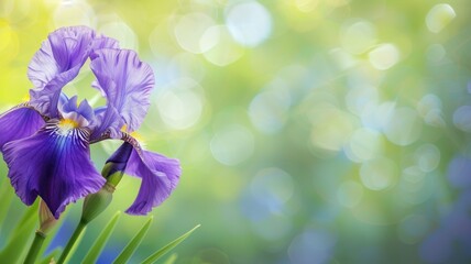 Close-up of vibrant purple iris flower against soft-focused green and yellow bokeh background - obrazy, fototapety, plakaty