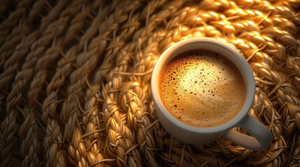 Morning Glow: Coffee Cup on Braided Wool Fabric