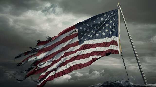 Symbolic Image of a Torn American Flag Representing the Erosion of Patriotism or National Unity. Concept National Symbolism, American Flag, Erosion of Patriotism, Unity, Symbolic Imagery