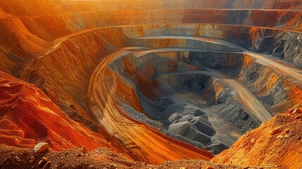 Aerial view of curving paths in a deep open-pit iron mine
