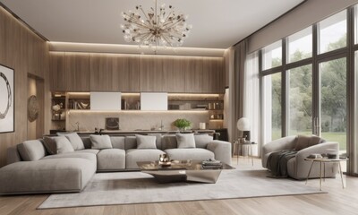 A luxurious living room enveloped in rich wood paneling with a soft gray sofa set, highlighted by a contemporary starburst chandelier. The design radiates warmth and modern elegance, ideal for