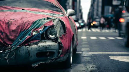 Close-up of damaged car cover in urban area. Concept Urban Decay, Car Damage, Close-Up Shot, Cityscape, Automotive Maintenance - obrazy, fototapety, plakaty