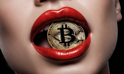 The allure of Bitcoin is presented through a mouth slightly open, the coin between the lips suggestive of the cryptocurrency's seductive nature. The vibrant red lip color adds to the image's striking