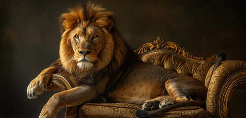 With an air of regal authority, a lion lounges on an exquisite armchair, its majestic crown...