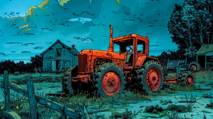 Vintage tractor on rustic farm at twilight