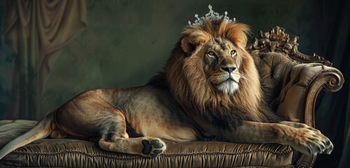 With regal elegance, a lion reclines on an ornate armchair, its majestic crown catching the light as it stares confidently into the camera lens - obrazy, fototapety, plakaty