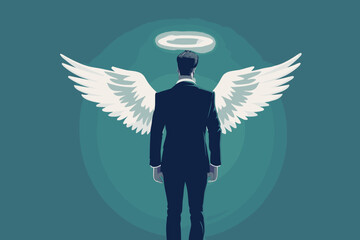 Businessman with angel wings and halo promoting ethical business practices, integrity, honesty, and transparency in corporate culture - obrazy, fototapety, plakaty