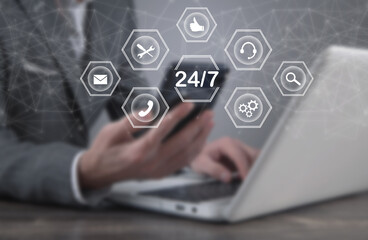 Concept of 24/7 hours online service.