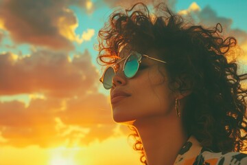 Curly Haired Charm: Sunset Vision - obrazy, fototapety, plakaty