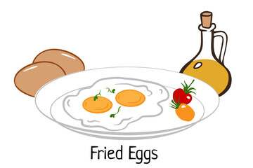 Fried egg with cherry tomatoes on plate. Breakfast Vector illustration cartoon  isolated on white for menu restaurant, cafe, poster, flyer, cookbook, coupon design. 