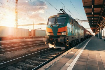 Modern electric cargo train at station during golden hour - obrazy, fototapety, plakaty