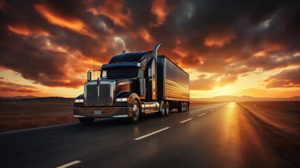 Fototapeta na wymiar Sunset Drive: Trucking Across the Horizon