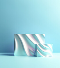 A three-dimensional geometric forms from a neon holographic material on light pastel background. Empty podiums for presentation products.