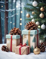 Christmas presents wrapped with elegance beside a snowy tree, adorned with golden baubles and pine cones, conveying holiday warmth and joy