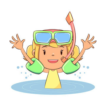 recommend clip art: Child swim, inflatable armbands, play, water, cute girl