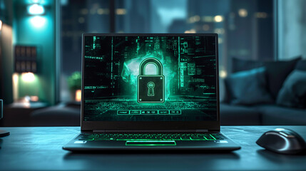 Cybersecurity Cyberattack password secure laptop on desk in modern office with glow and a padlock on the screen importance of danger of cyber attacks importance of corporate data Hacker - obrazy, fototapety, plakaty