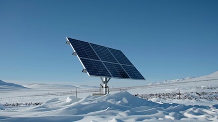 Solar panel in snowy landscape under clear blue sky, sustainable energy concept