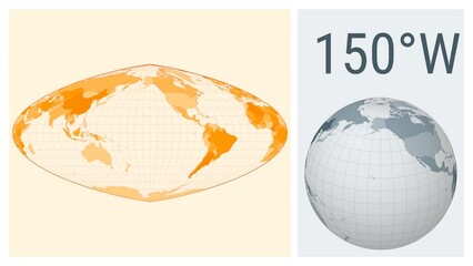 World map animation in Boggs eumorphic projection with colored countries style. Loopable animation showing longitude shift and matching globe.