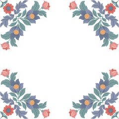 Postcard or poster made from folk art elements. Folk vector illustration, floral frame on white background. Hand drawn folk flowers. Scandinavian traditional motif