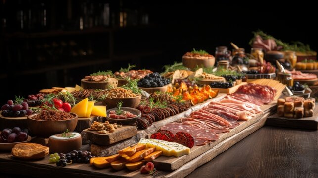 Festive table with snacks from sausages and cheeses, fruits and berries, a gala feast
Concept: holiday menu and cooking, catering services.