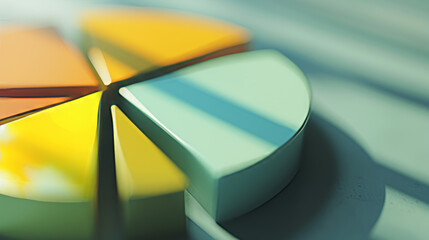 close up depth of field 3d illustration of a pie chart with hints of yellow, overlay numbers abstract feel