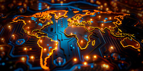 World map made of glowing printed circuits, global network and connectivity, data transfer and technology, artificial intelligence, information exchange, international telecommunications and business - obrazy, fototapety, plakaty